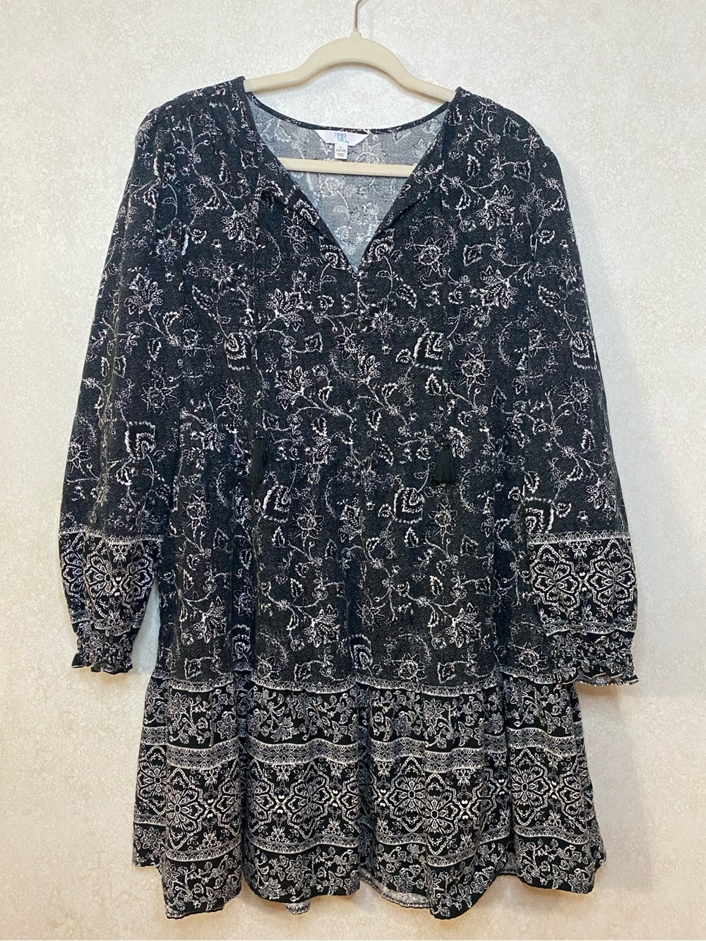 Black Floral Tiered Long Sleeve Dress
